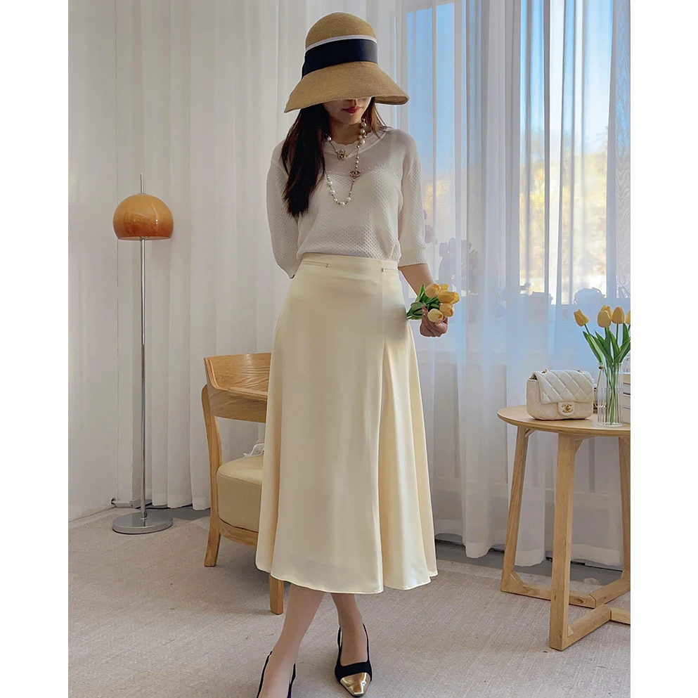 

Юбка-миди А-силуэта с высокой талией Ele, гладкая атласная поверхность, два цвета, весна 2024, женская модная юбка для любого типа фигуры