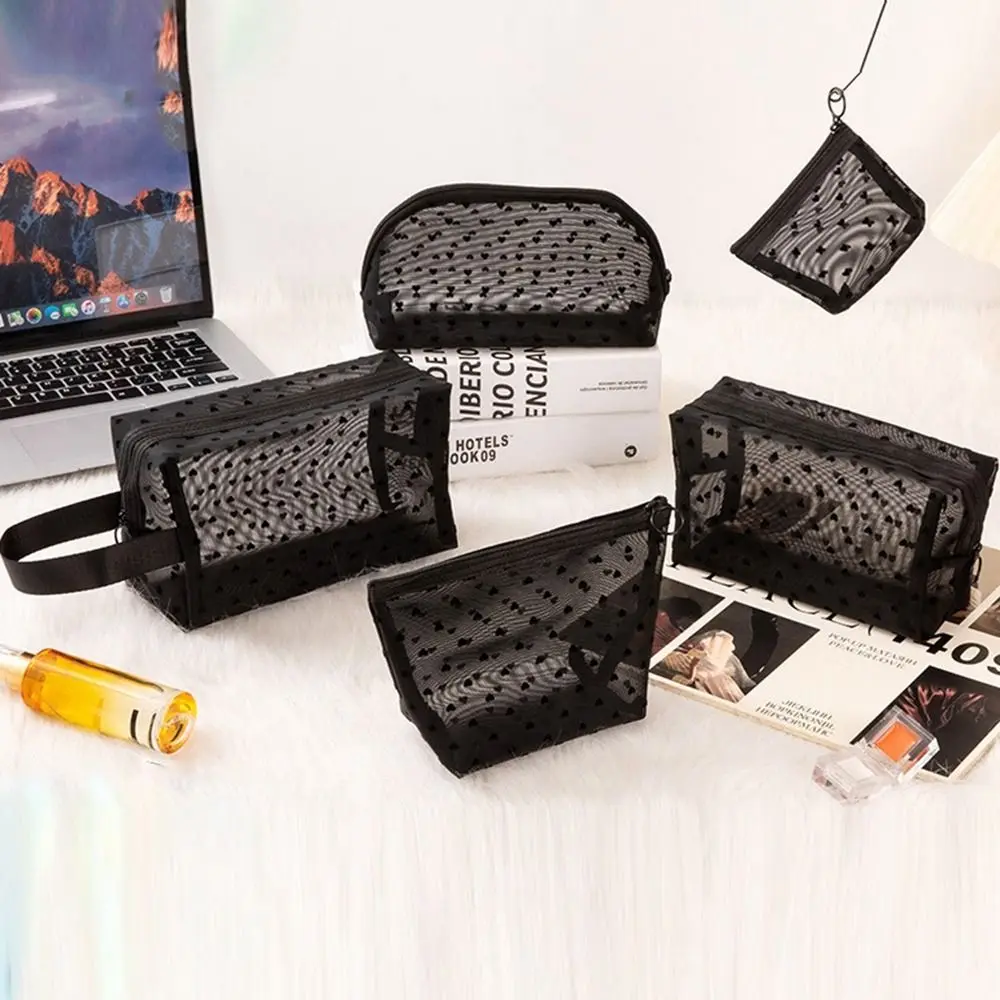 

1/3/5 шт., прозрачная сетчатая косметичка на молнии в форме сердца, черная/розовая/бежевая портативная женская сумка для хранения туалетных принадлежностей, многофункциональная