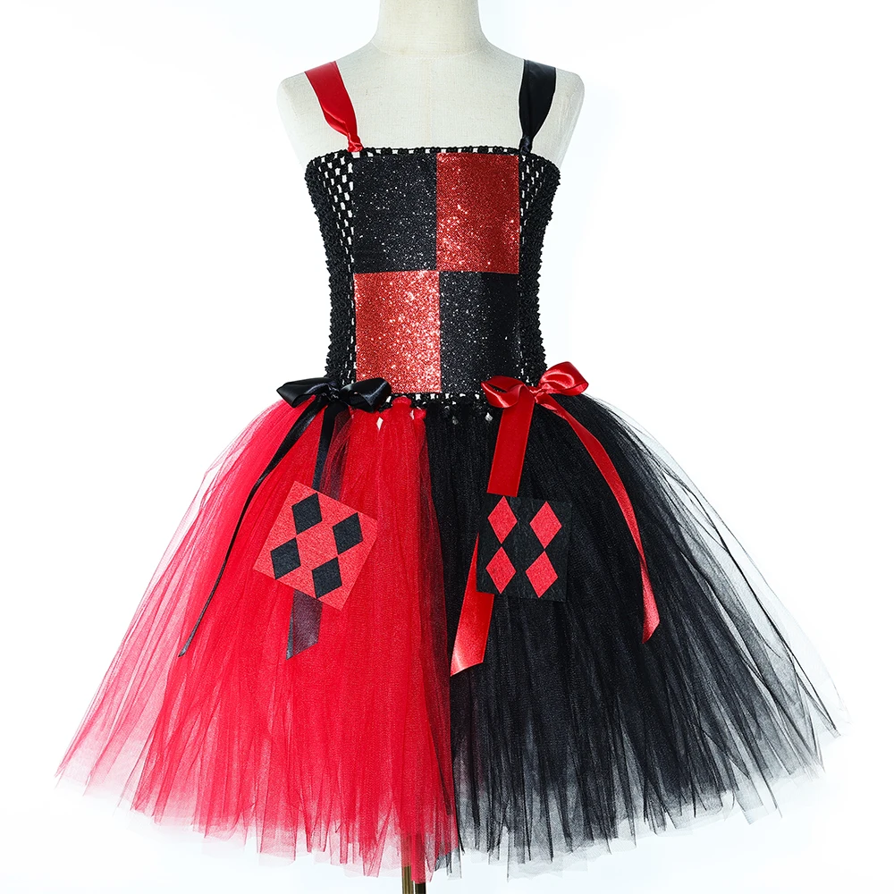 Clown Costume for Girls Villains Killer Monster Joker Tulle Tutu Dress Red Black Kids Halloween Carnival Party Dress Up Clothes