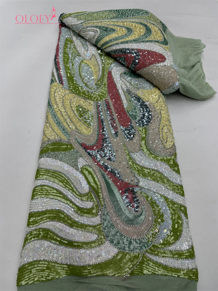 

OLOEY Multicolor Sequins Embroidery Beaded French Tulle Net Lace African Fabric for Party Dresses And Weddings