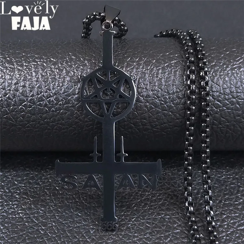 2024 Upside Down Cross Pentagram Satan Stainless Steel Necklaces Women Silver Color Statement Necklace Jewelry cadena N4413S03