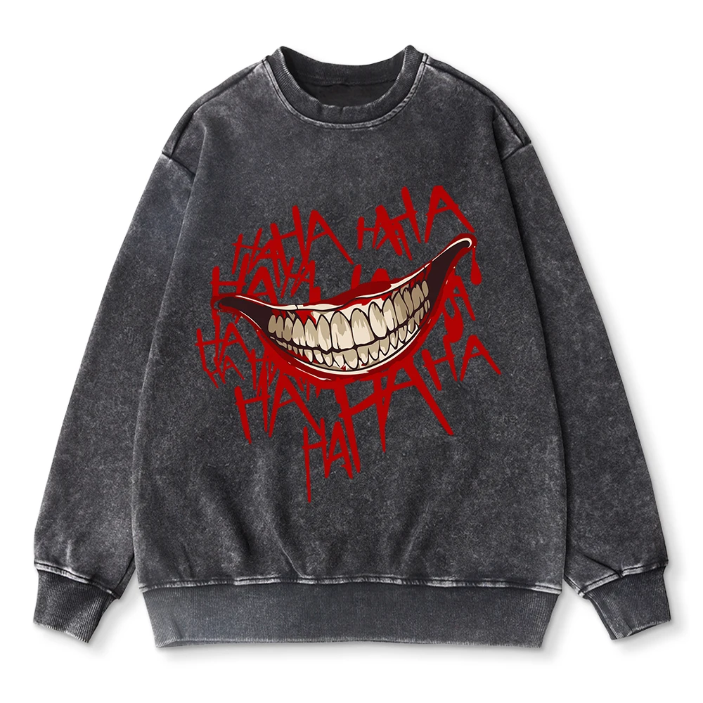 Autumn Men Woman Acid Wash Hoodie Evil Clown Smile Prints Sweatshirt Oversize Crewneck Cotton Pullover Couple Washed Streetwear