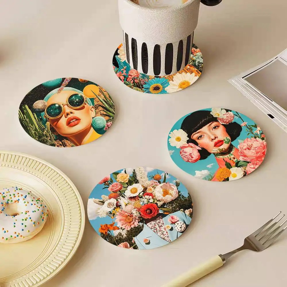 Retro Psychedelic Floral Women Wooden Coasters Heat-resistant And Non-slip Suitable For Restaurants And Cafes And Make Great