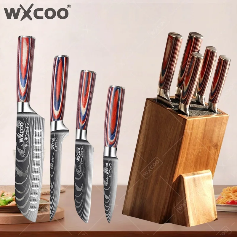 WXCOO Edelstahl-Küchenmesserset mit Geschenkbox Japanisches Messer mit Holzgriff zum Schneiden von Obst und Fleisch