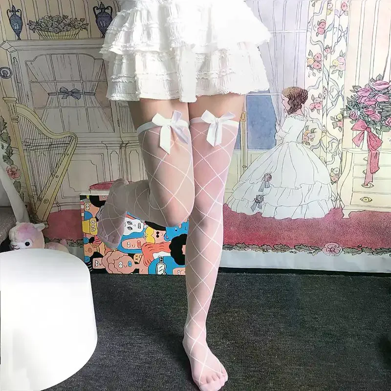 Sexy Lace Long Socks Black White Women Over Knee Thigh High Socks Soild Ultra Thin Stockings for Ladies Girls Bowknot Knee Socks