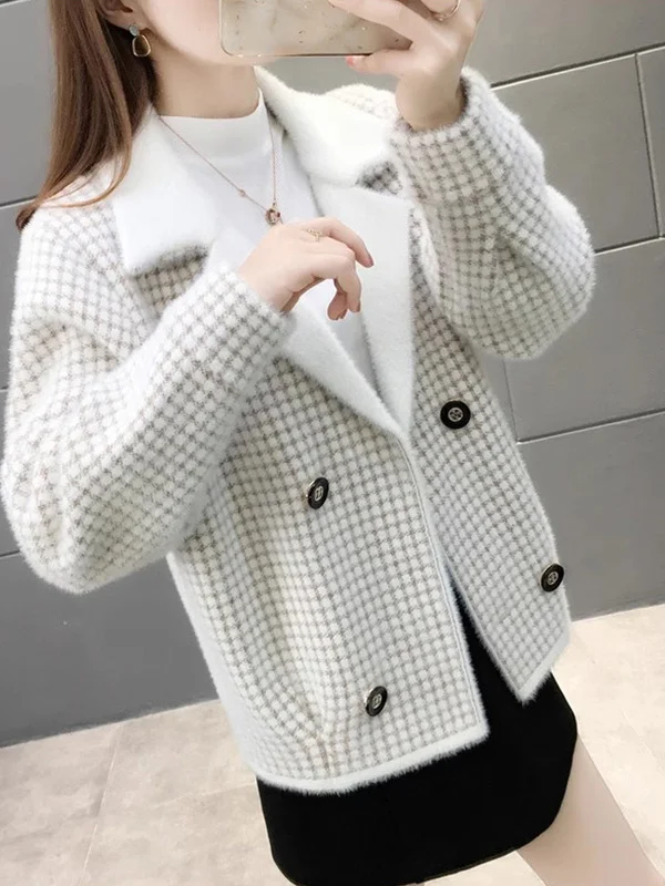 Autumn Winter Women's Short Knitted Sweater Plaid Fake  Fur Jacket Trendy Open Cardigan Loose Fit Long Sleeve Button up