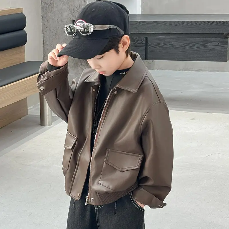 

Korean Boy's Faux Leather Jacket Kids Stylish Solid Brown Color Artificial PU Coat Child High Fashion Autumn Outfit Age 5 To 14Y