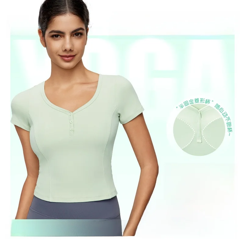 

Женская спортивная футболка с воротником принцессы и короткими рукавами с поясом на груди и пуговицами для йоги, бега, тренировок, фитнеса