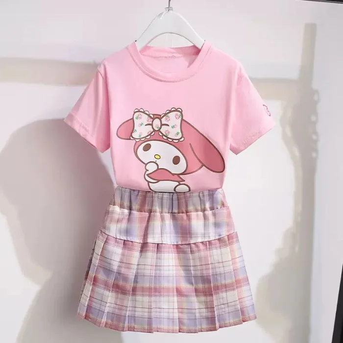 2024 Sanrio Girls Jk Set Hello Kitty Cinnamoroll Kuromi gonna Summer Dress Ildren Cartoon t-shirt a maniche corte Set di due pezzi