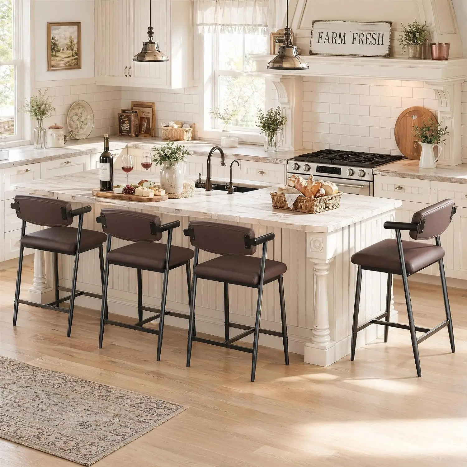 Metal Bar Stools 4 with Arms & Back, Wider Seat Footrest, 26 Inch Kitchen Island Counter Chairs, Rustic Brown, Customized