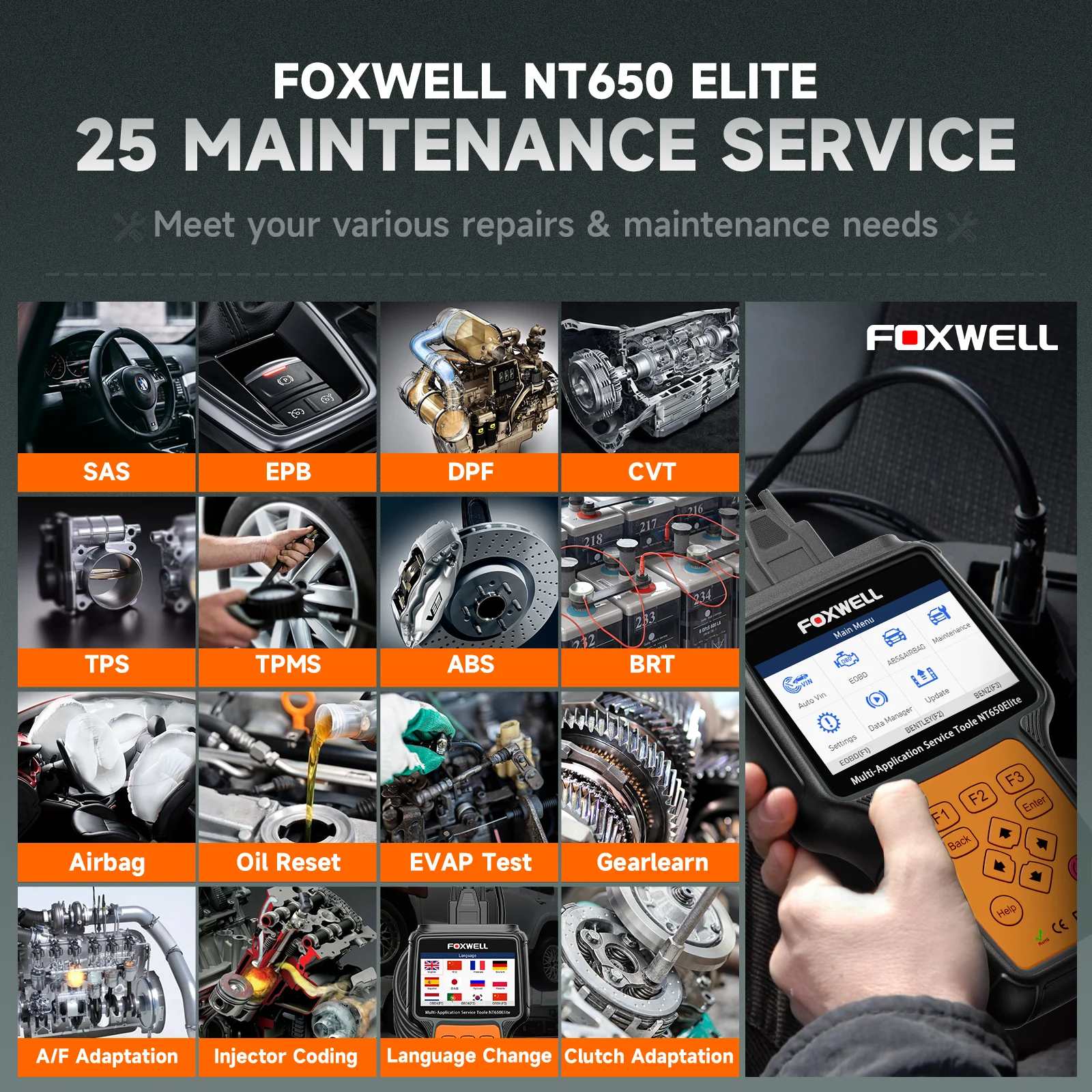 Foxwell NT650 Elite Obd2 ماسح ضوئي للسيارات ABS/SRS/BRT/DPF/TPMS/EPB 26+ إعادة تعيين أداة تشخيص السيارات الاحترافية OBD2 Scanne