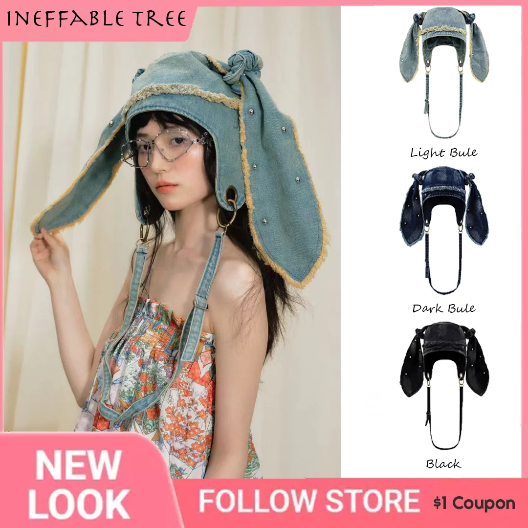 Wow! Striking Y2K Robust Denim Hat with Innovative Rabbit Ears & Practical Bag Feature
