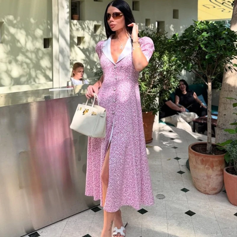 

Tsiisd Floral Print Contrast Women's Maxi Dress Elegant Split Patchwork Sexy Luxury Wedding Party Women's Casual Dress Vestido