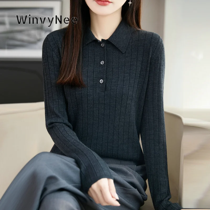 

WinvyNee Women Fine Pure Wool Slim Fit Solid Polo Collar Lapel Cardigan Warm Elegant Versatile Outer Trend Clothing ZA1227019