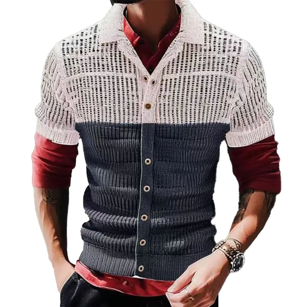 

Men T-shirt Colorblock Knit Top Streetwear Casual Shirts Lapel Button Cardigan