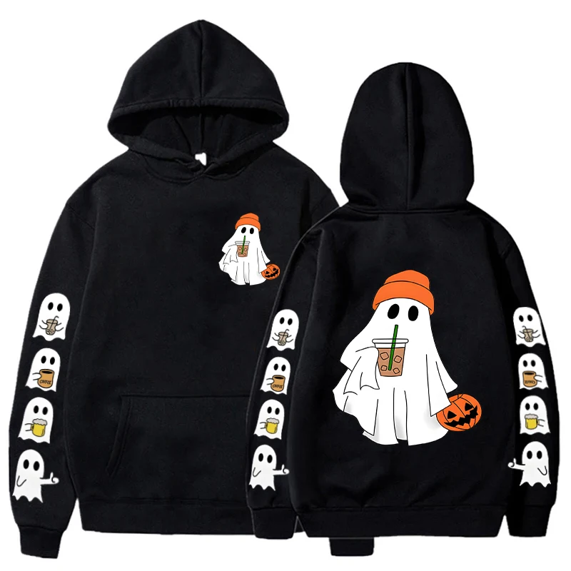 

Cute Boo Ghost Boba Tea Print Funny Hoody Women Men Hooded Sweatshirt Casual Pullover Hoodies Pumpkin Halloween Party Outerwears