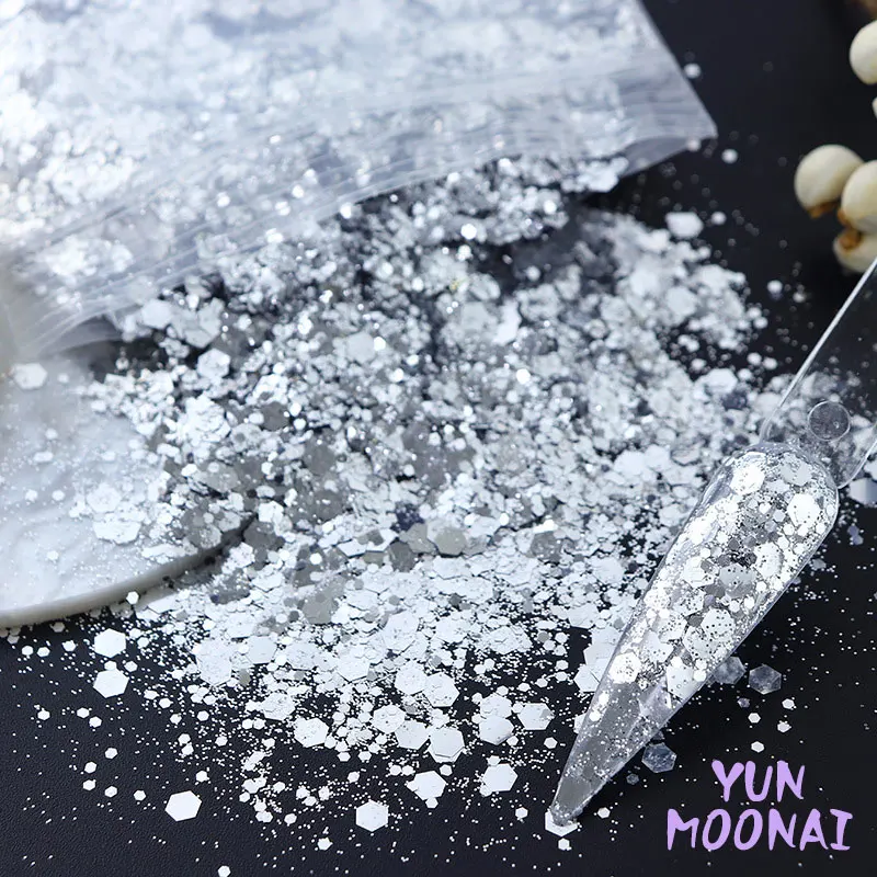 50G/Pack Holographic Mixed Hexagon Shape Chunky Nail Glitter Silver Sequins Laser Flakes for DIY Party Nail Decoration