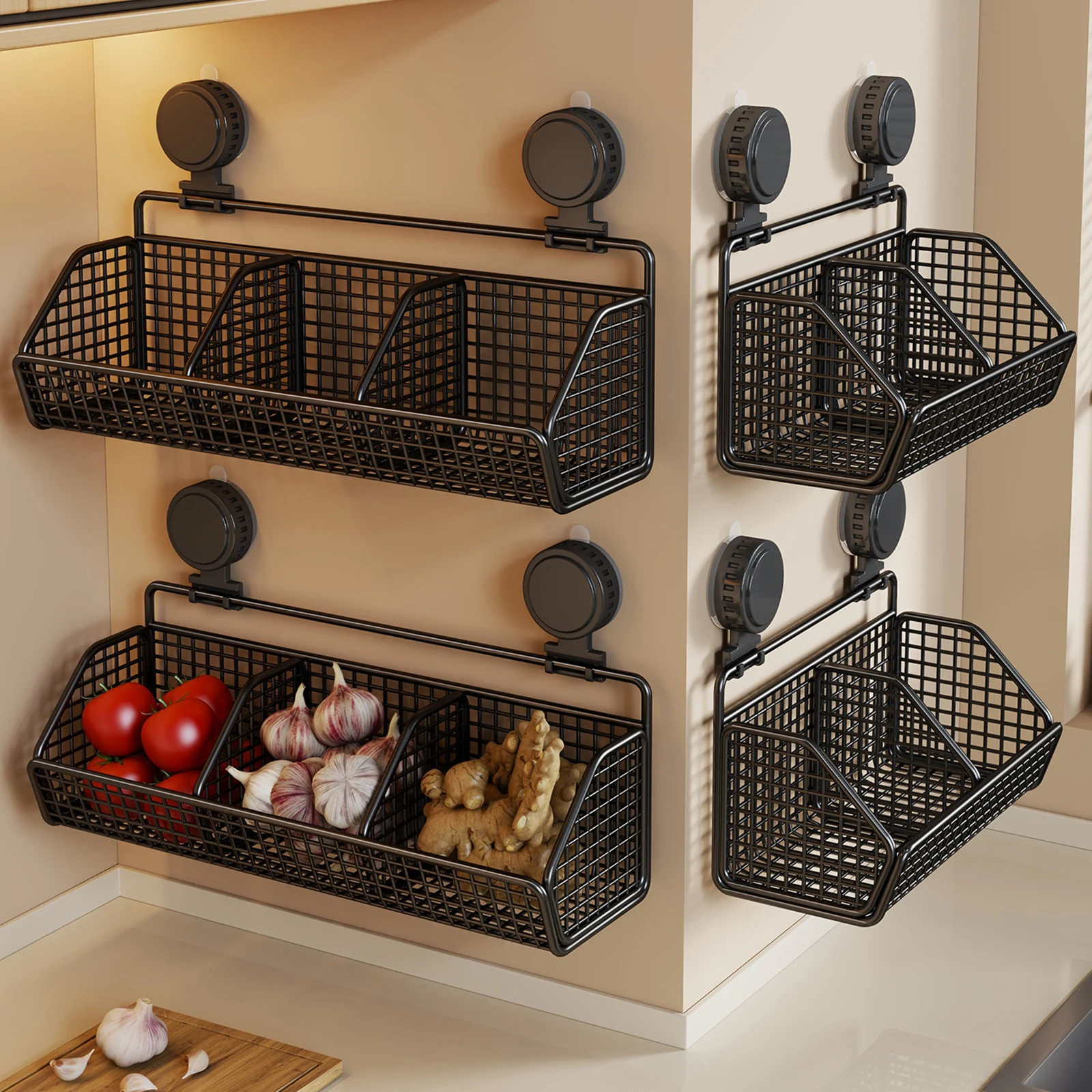 Suction Cup Kitchen Wall Shelf No Punch Hanging Storage Basket Vintage Iron Wire Organizer Rack Large Capacity