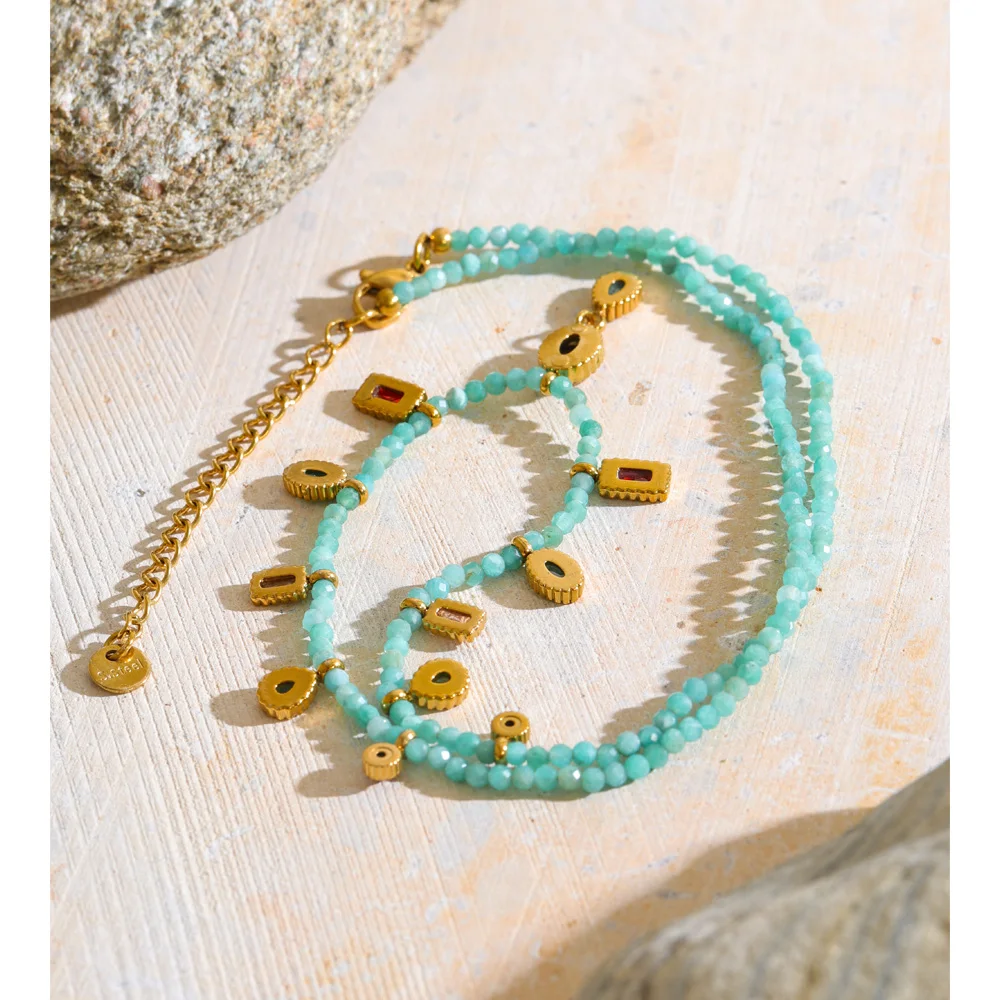 Yhpup New Arrivals Handmade Jewelry Stainless Steel Natural Stone Beads Chain Square Teardrop Drop Charm Necklace