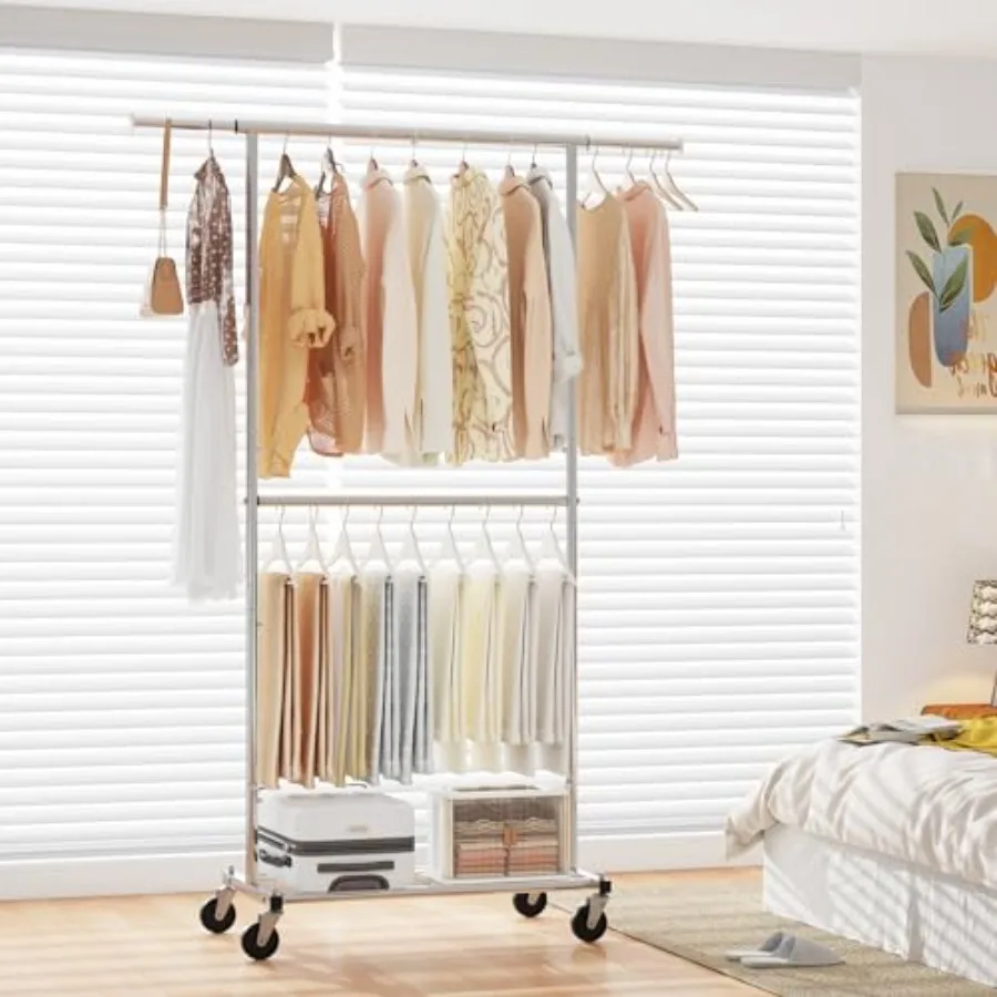 Standard Clothing Garment Rack, Rolling Clothes Organizer with Wheels and Bottom Shelves, Extendable, Chrome