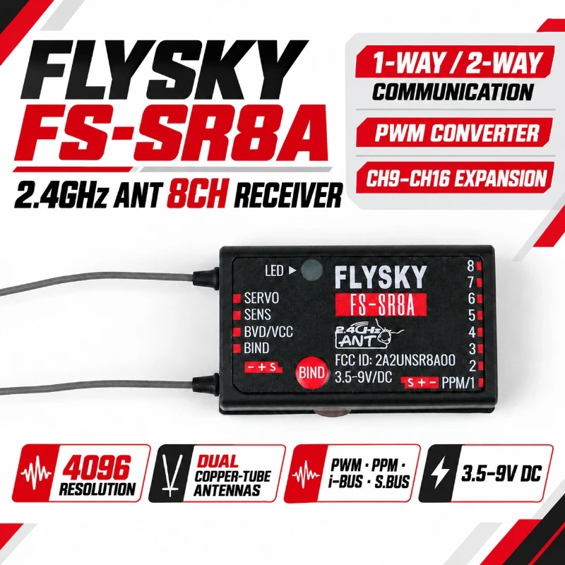 FLYSKY FS-SR8A 8CH 2.4GHz ANT Receiver Dual Copper Antenna for FS-ST8 Transmitter RC Car Airplane Helicopter FPV Drone Model