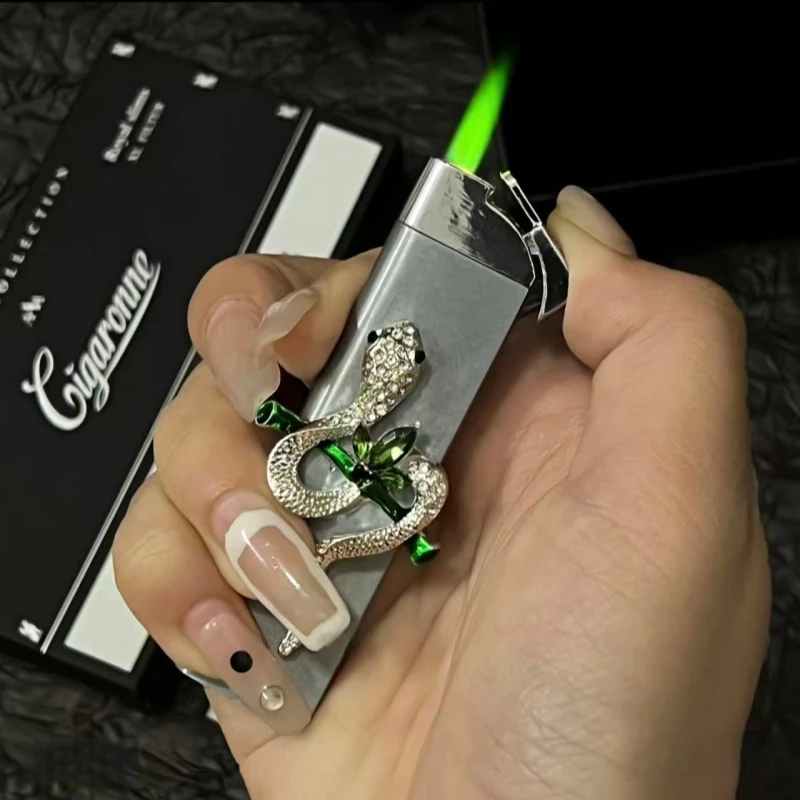 

Fashionable Design Inflatable Metal Lighter Windproof Direct Spray Flame Viper/black Rose Butane Outdoor Lighter Smoking Gift