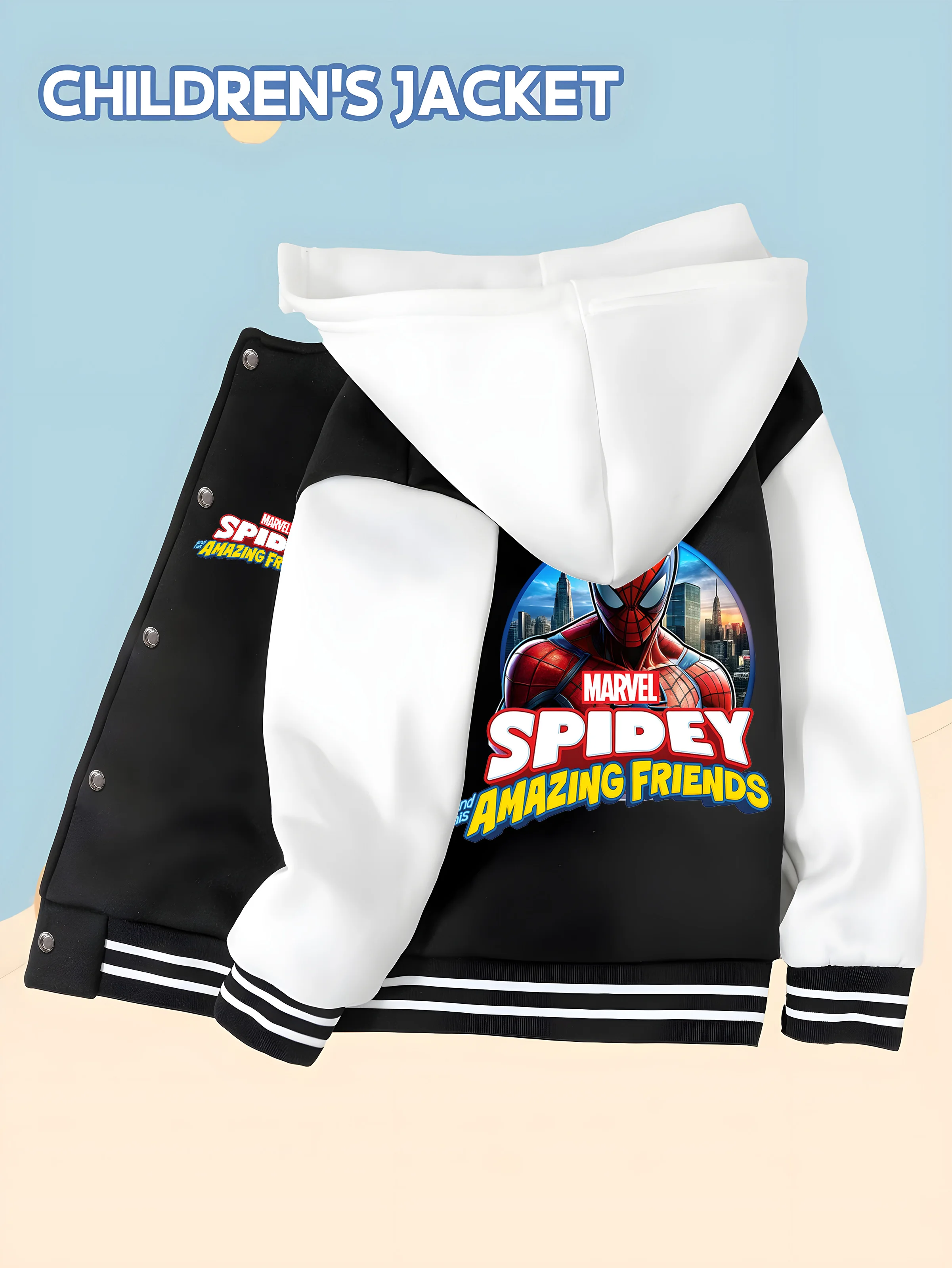 

MINISO Marvel trendy Spider-Man children's baseball uniform with letter printing, hooded baseball design, trendy and childlike,