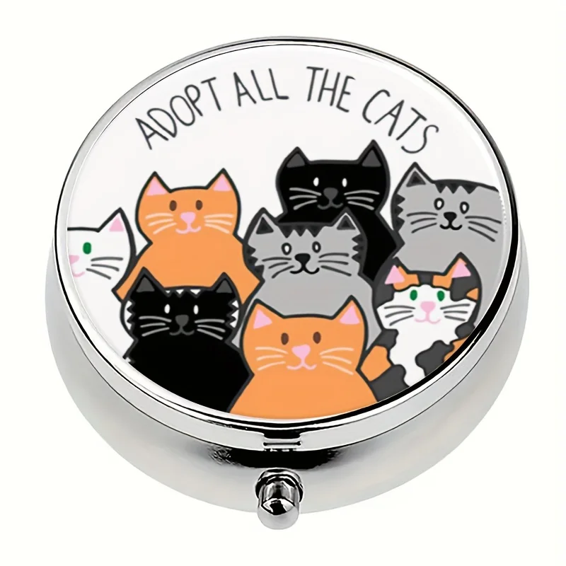 Adopt All The Cats-Boîte à pilules ronde, mini boîte à pilules, 3 boîtes de rangement, boîte de rangement portable pour médicaments à la maison, portefeuille de poche, cadeaux de voyage uniques