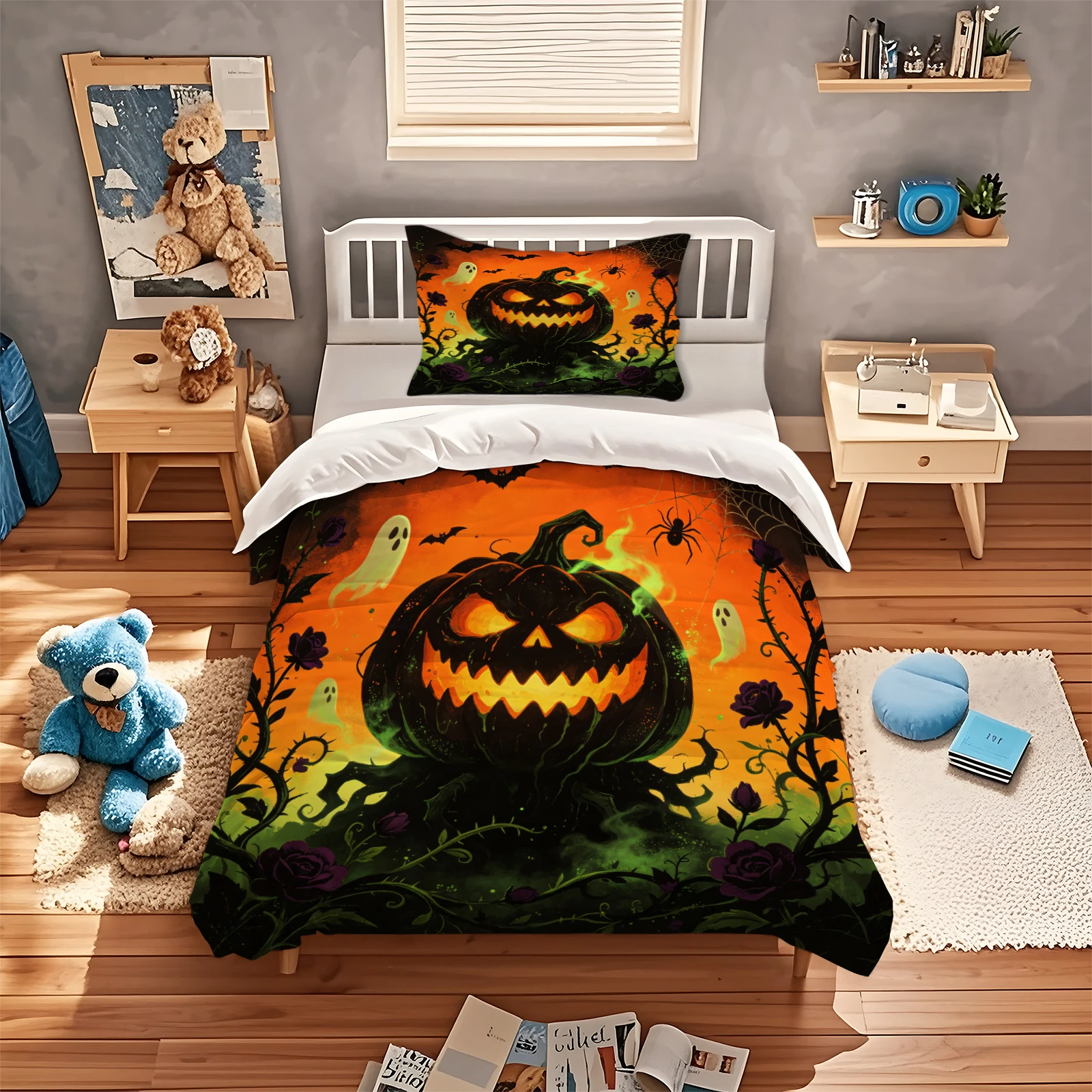 Orange Green Horror Jack‑O'‑Lantern Duvet Cover Set Creepy Ghost Dark Rose Printed Halloween Bedding Holiday Decor Quilt Cover