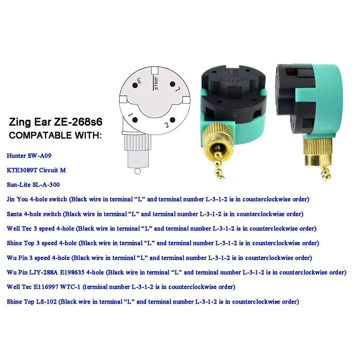 AB13-3Pcs ZE-268S6 Ceiling Fan Switch 3 Speed 4 Wire For Ceiling Fans And Wall Lights Pull Chain Switch Replacement Bronze