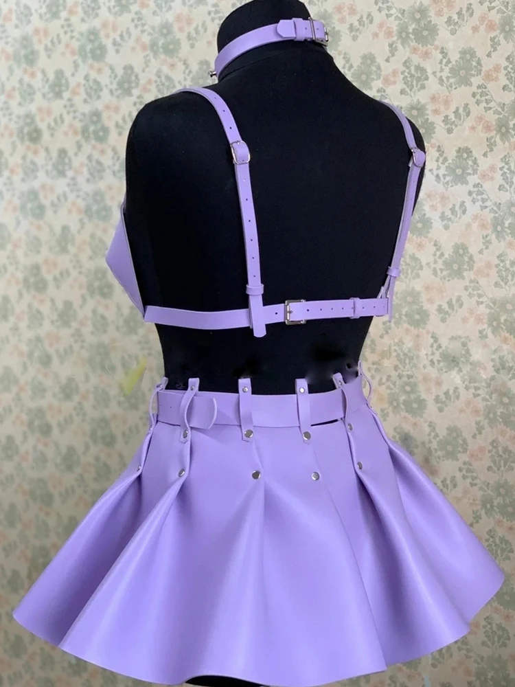Concert Damen BH mit PU-Lederriemen, Space Dance Kostüm, Cosplay, einfarbig, mit Hosenträgern, Gothic, Rüschen-Hosenträger-Set – Detail 6