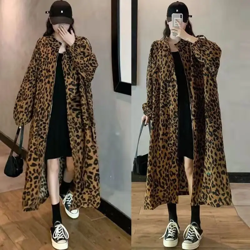 Spring Autumn Fashion Women\'s Thin Leopard Print Zipper Long Coat