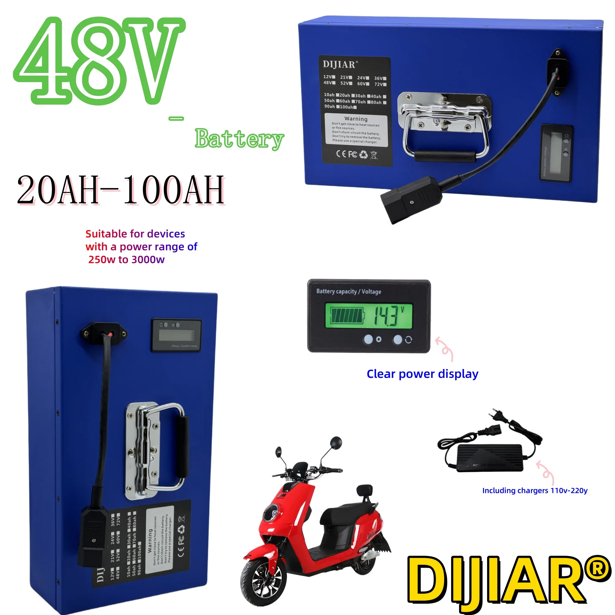 

DIJIAR 48V18650 lithium-ion battery 20AH-100AH, air transportation, using 500W-3000W equipment+BMS 30AH+charger