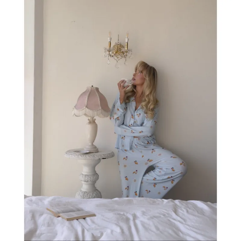 Women’s 2 Piece Pajama Set Long Sleeve Breakfast Print Pocket Shirt Pants Set Loungewear