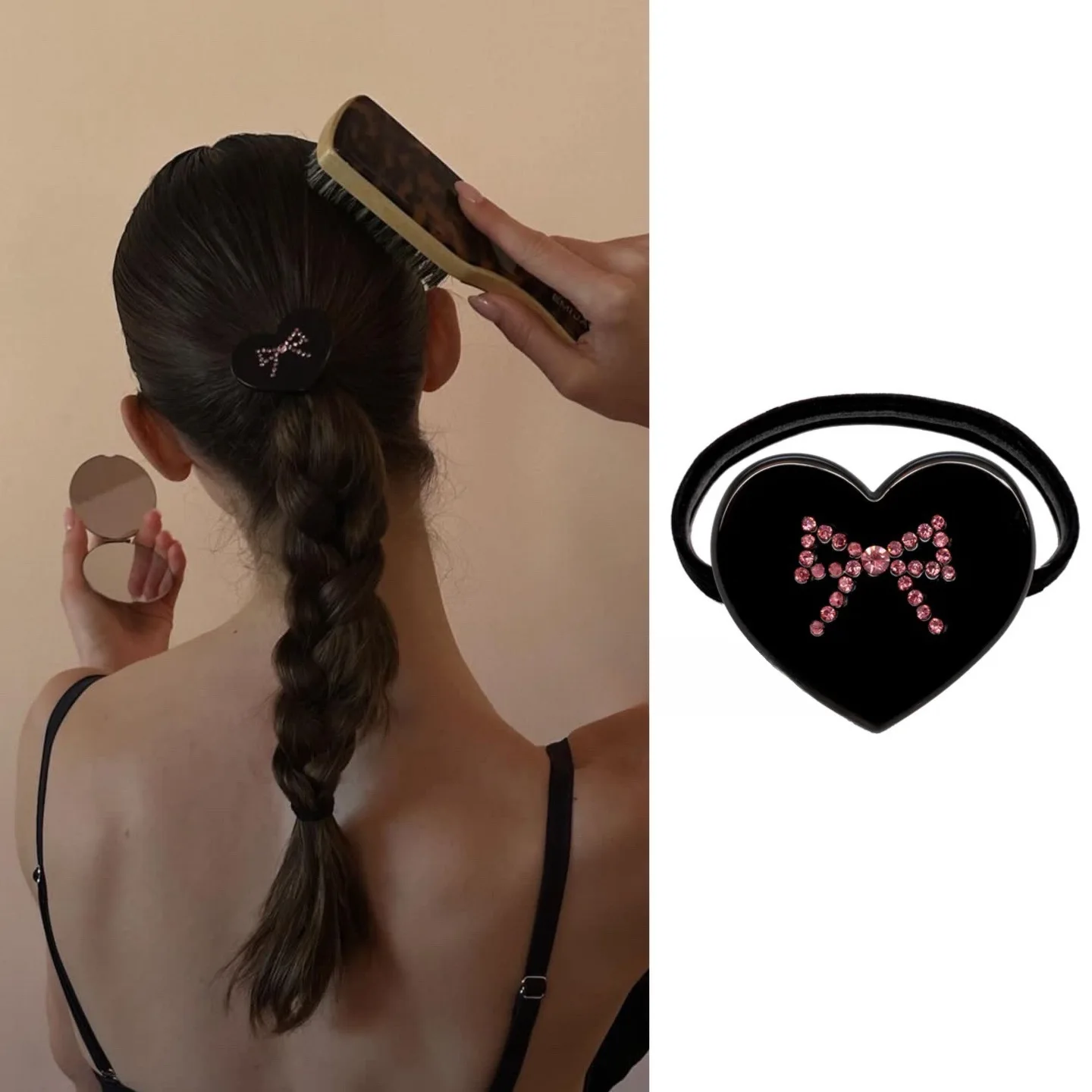 Y2K Pink Rhinestone Bow Elastic Hair Ties Hair Bands Holders Sweet Cool Love Heart Hair Accessories for Women Girls Jewelry Gift