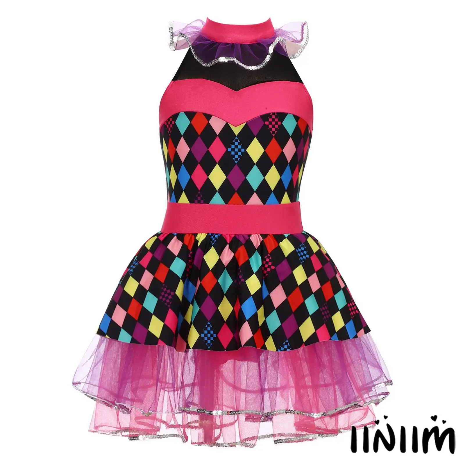 

Playful Children Girls Circus Dress Up Costume Vibrant Patchwork Halter Dress with Tulle Skirt for Halloween Masquerade Ball