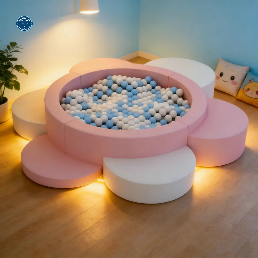 Customs Pink Soft Play Area Kids Indoor Playground With Stair Flower Ball Pool For School & Shopping Mall