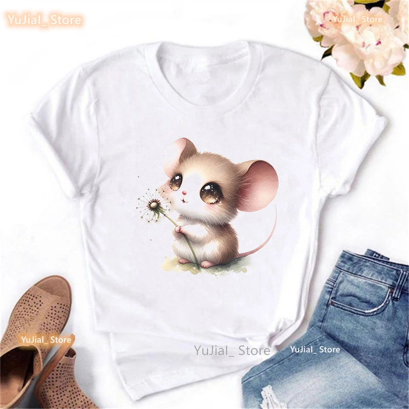 Cute Mouse Wish Dandelion Print T Shirt Girls Kawaii Clothes Summer Fashion Tops Tee Shirt Women Harajuku Shirt