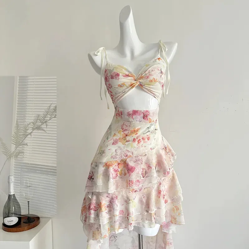 ฤดูร้อนผู้หญิงวันเกิดพรหมชุด Cami Midi Coquette ภาษาฝรั่งเศสคํา Vintage Hollow Out วันหยุด Frock ชุดราตรี One - Piece Party ความงาม