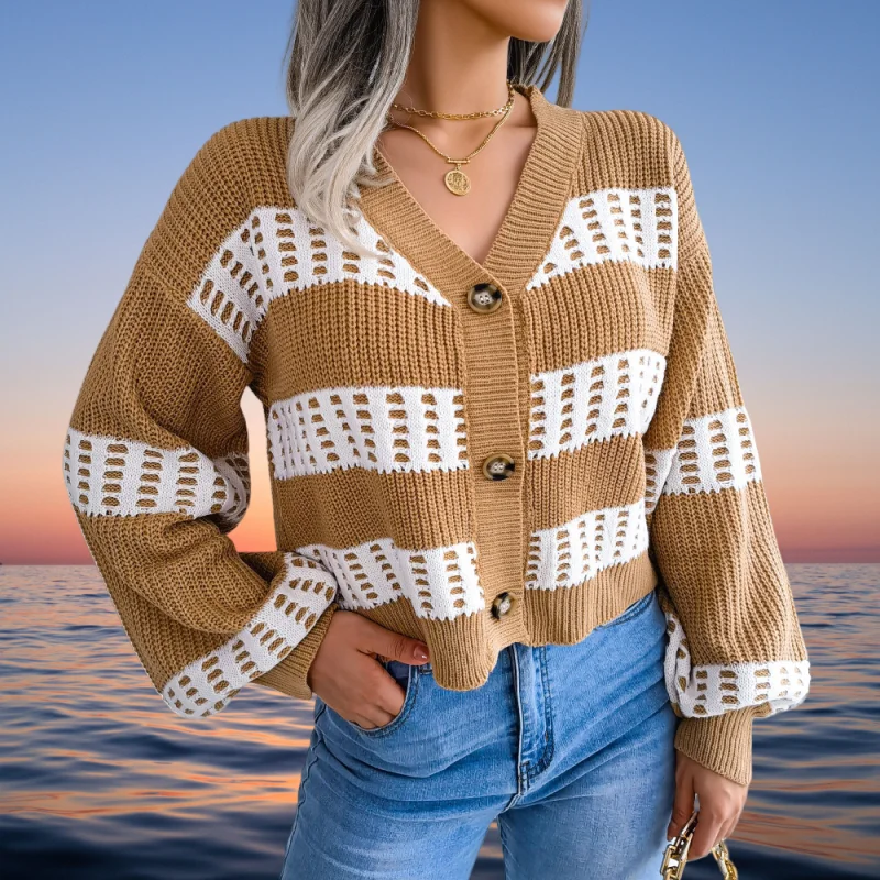 

European American Style Striped Knitted Cardigan for Women Autumn Winter Casual Contrast Color Cardigans Lantern Sleeve Sweater