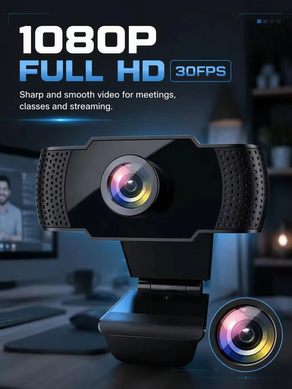 Webcam Full HD 1080P com microfone, câmera web USB de fácil instalação para portátil, computador de secretária, PC e Mac.