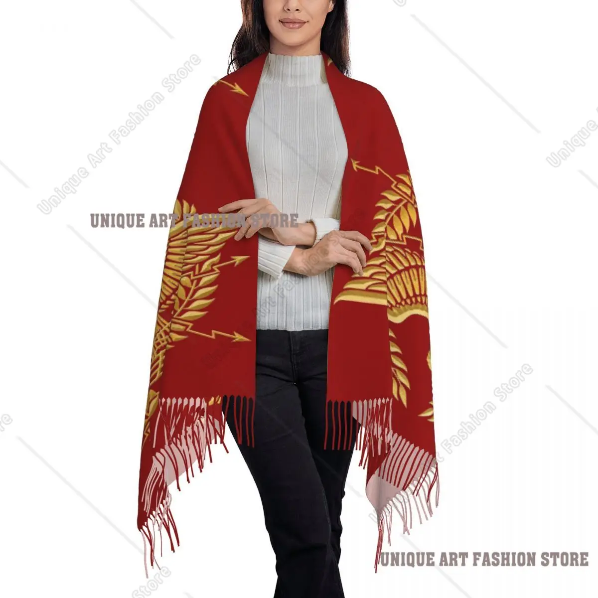 Gold Roman Aquila Eagle Scarf Tassel Scarves for Women Soft Warm Shawls and Wraps Large Fall Winter Shawl Wrap