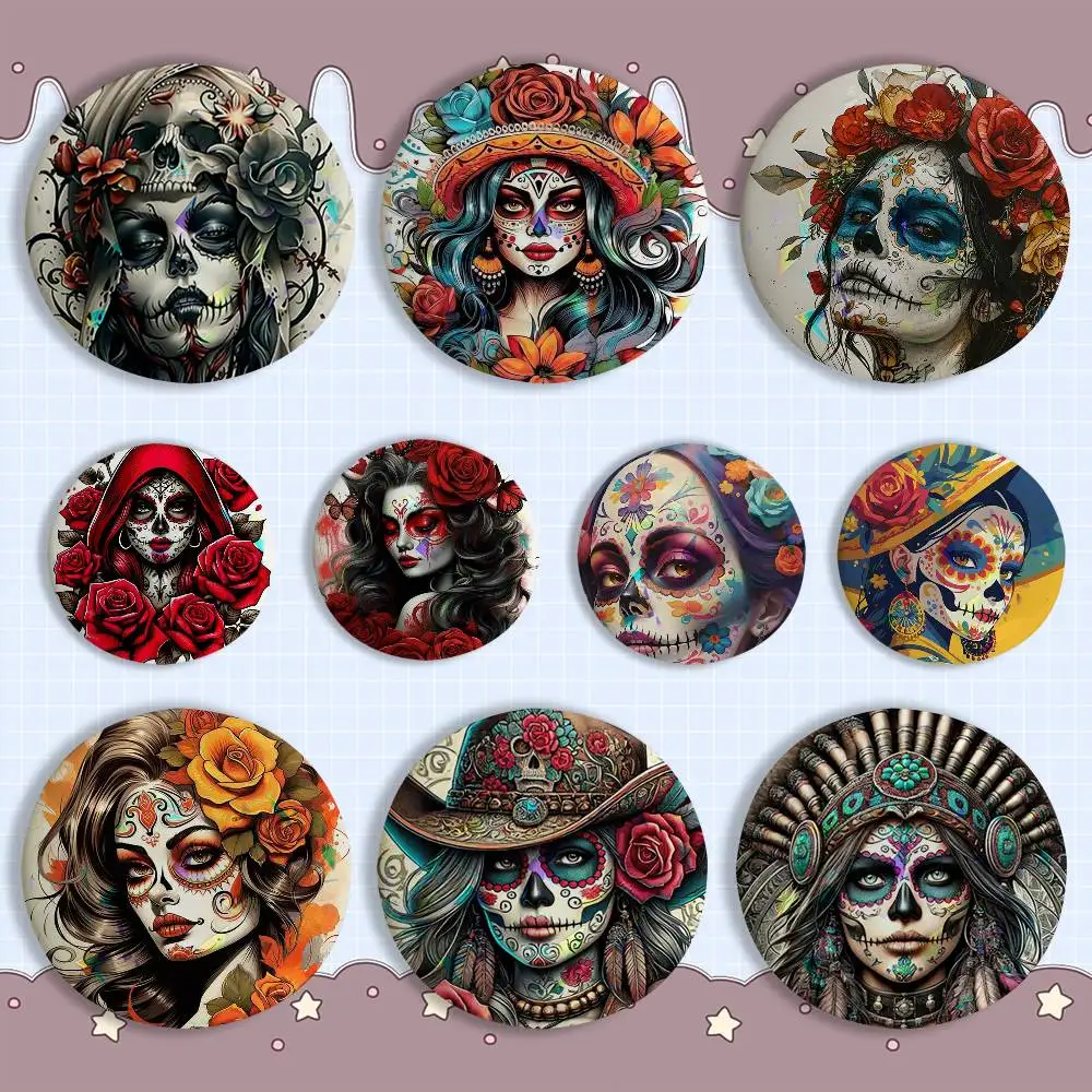 

S-Skull Girl Catrina R-RoseS Creative Round Badge Button Pin Bag Decor Fans Collection Friends Gift Brooch