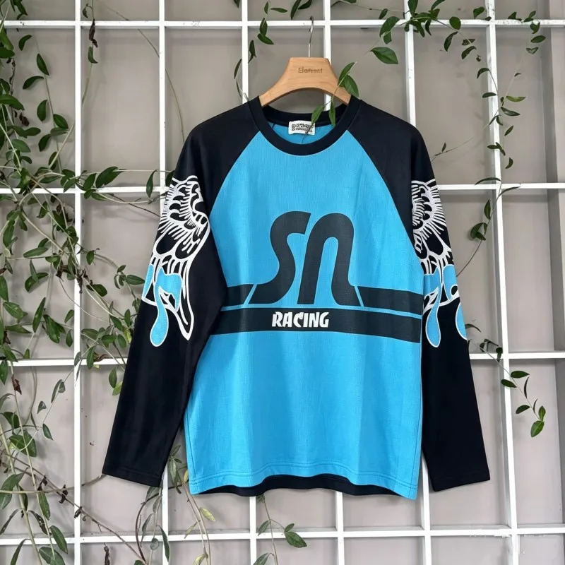Men Women Blue Black Patchwork Waffle Weave Fabric Round Neck Long Sleeve Satoshi Sweatshirt Oversize Round Neck Pullover Tops