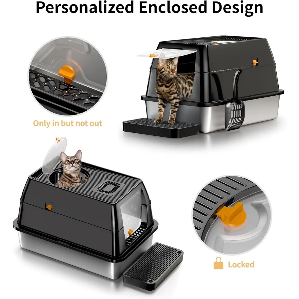 صندوق فضلات القطط المعدني المغلق كبير جدًا للقطط الكبيرة، وعاء من الفولاذ المقاوم للصدأ عالي الجوانب مع غطاء قابل للإزالة، مثالي للقطط الكبيرة #5