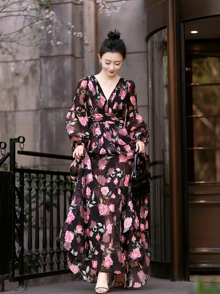 

Plus Size FatmmFrench Vintage RomanceVPrinted Dress for Women Summer New Style Stunning Waist-Cinching Long Dress
