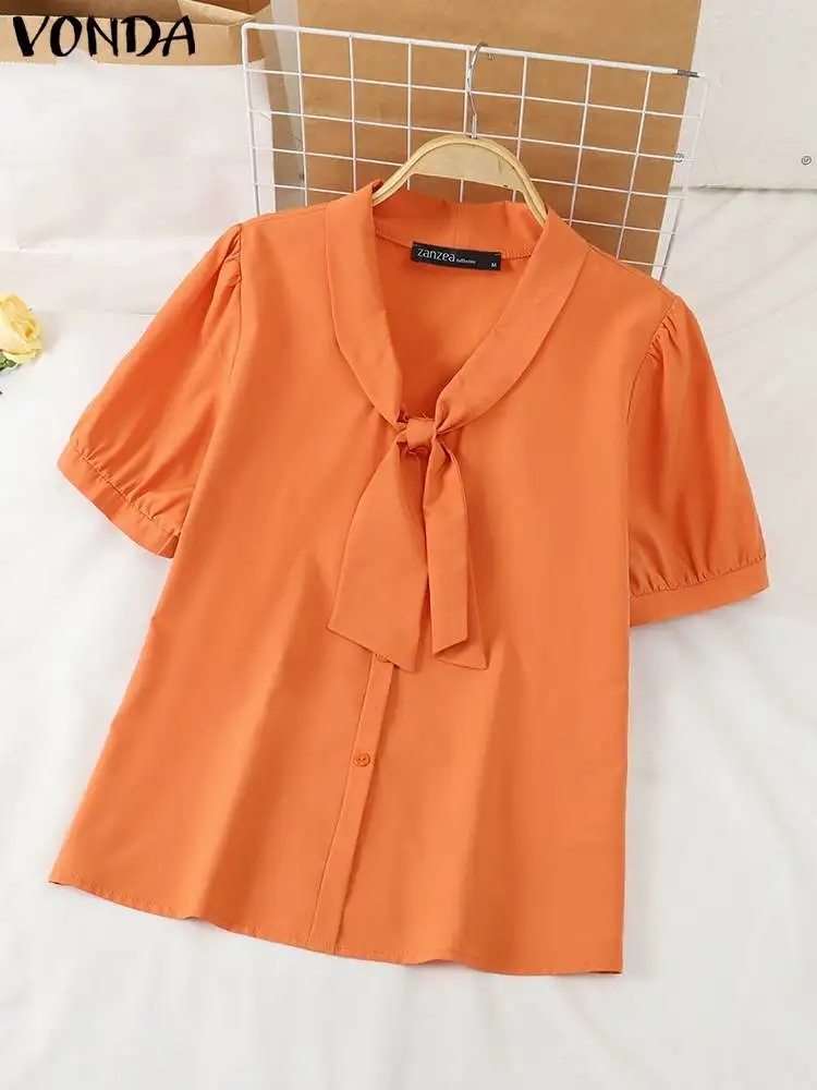 2024 VONDA Women Summer Shirts Short Sleeve Tunic Tops Fashion V-Neck Bandage Casual Solid Color Blouses Loose Blusas Femininas