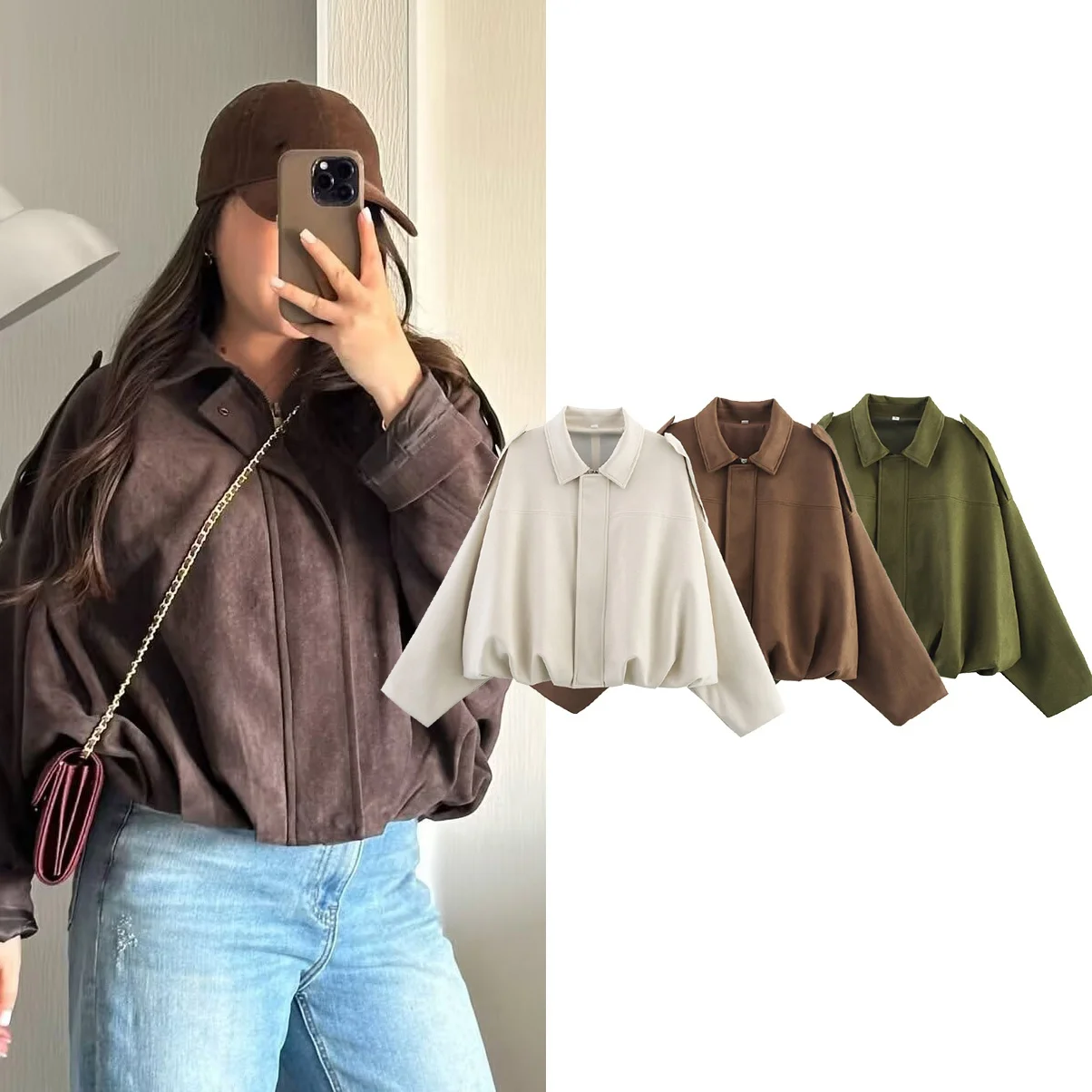 EDSA 여성 소프트 스웨이드 봄버 재킷 가을 긴 소매 루즈 코트 빈티지 여성 아우터웨어