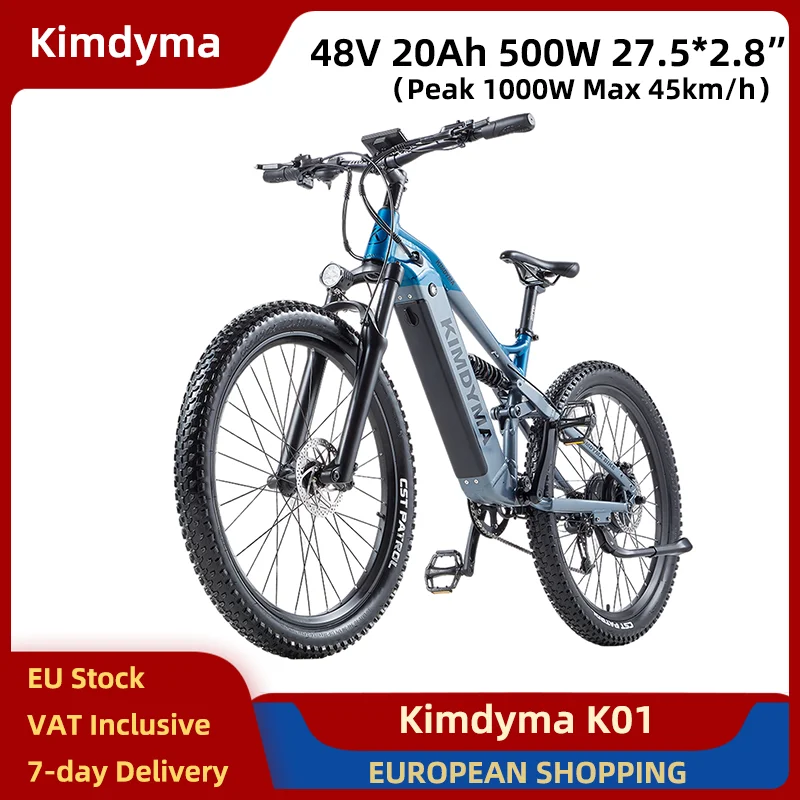 Kimdyma K01 K02 Bici elettrica 500W 48V 20Ah 27.5*2.8 pollici Pneumatici E-bike 45 km/h 160 km Sensore di coppia Freni a disco idraulici a 9 velocità