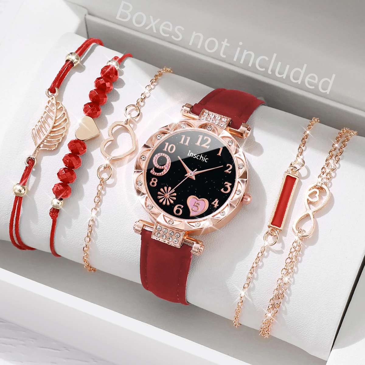 6PCS/Set Fashion Heart Dial Women\'s Watch Casual Leather Band Analog Quartz Watch Leaf Bracelets Set(Without Box)